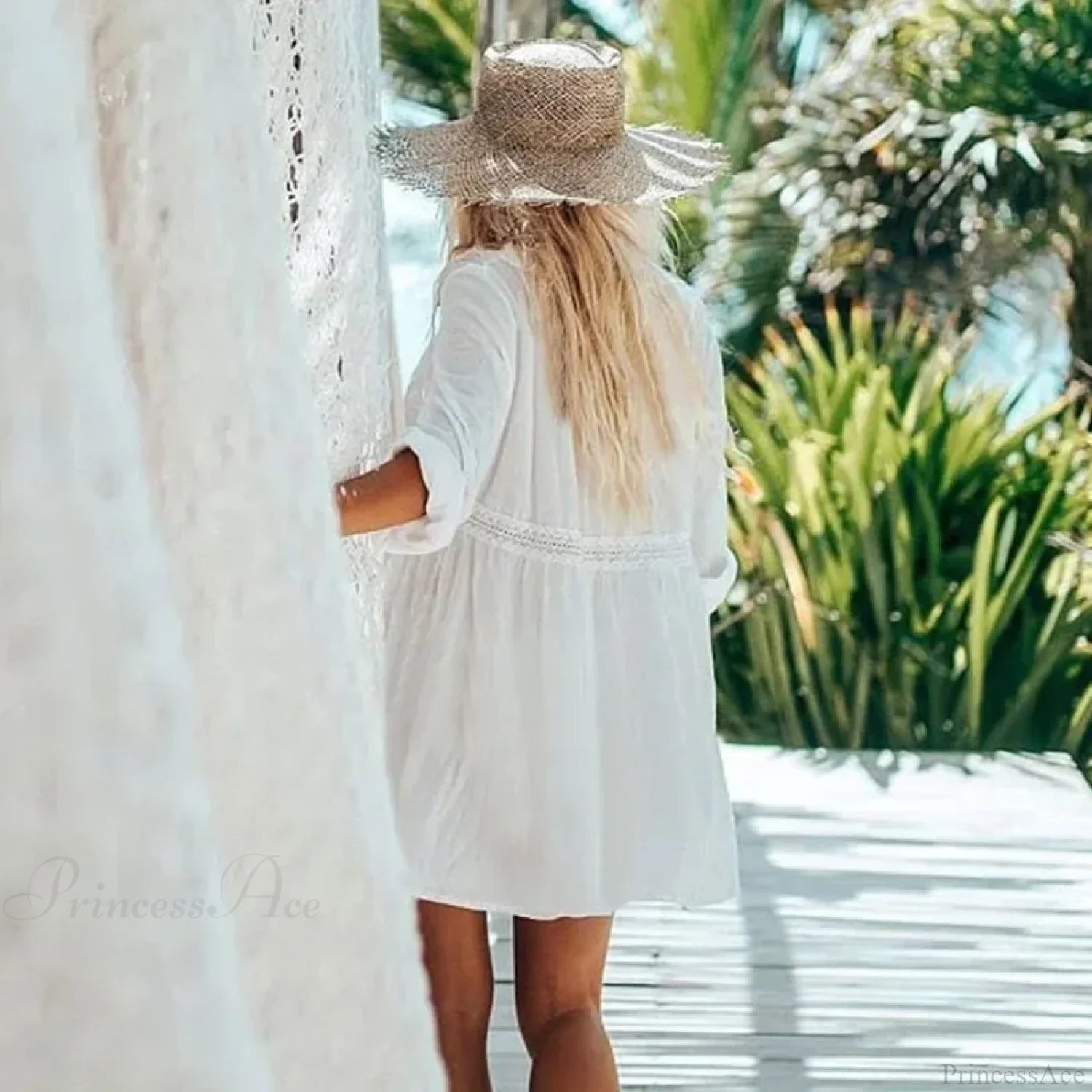 Rayon Lace Loose Boho White Mini Dress White / One Size bohodress-250126