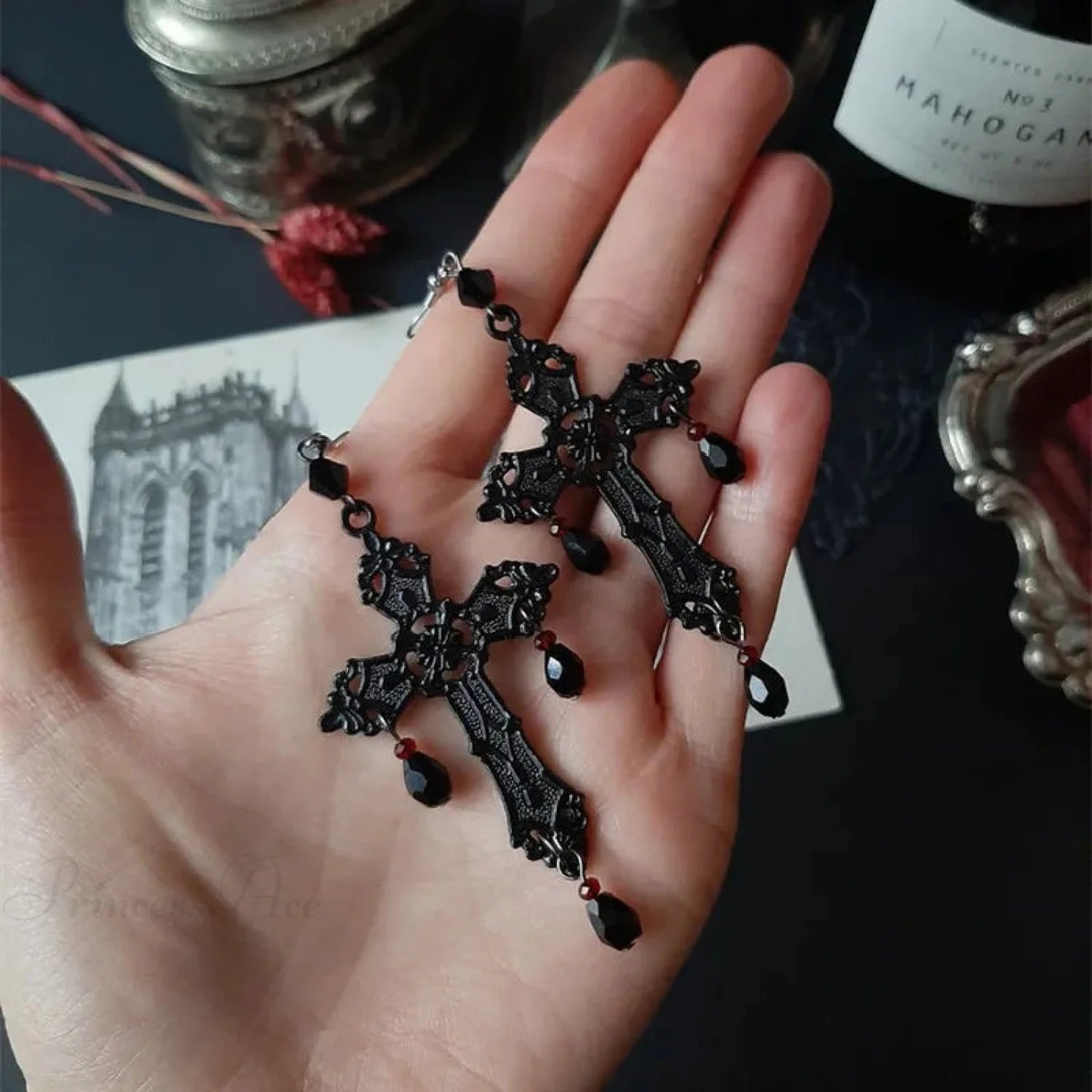 Rebel Celestial Cross Silver Empty Heart Earring black