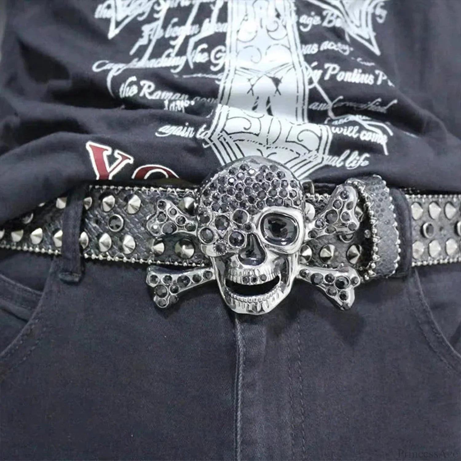 Rebellious Dark Skull Diamond Rhinestone Belt Black 1 / 105x4cm