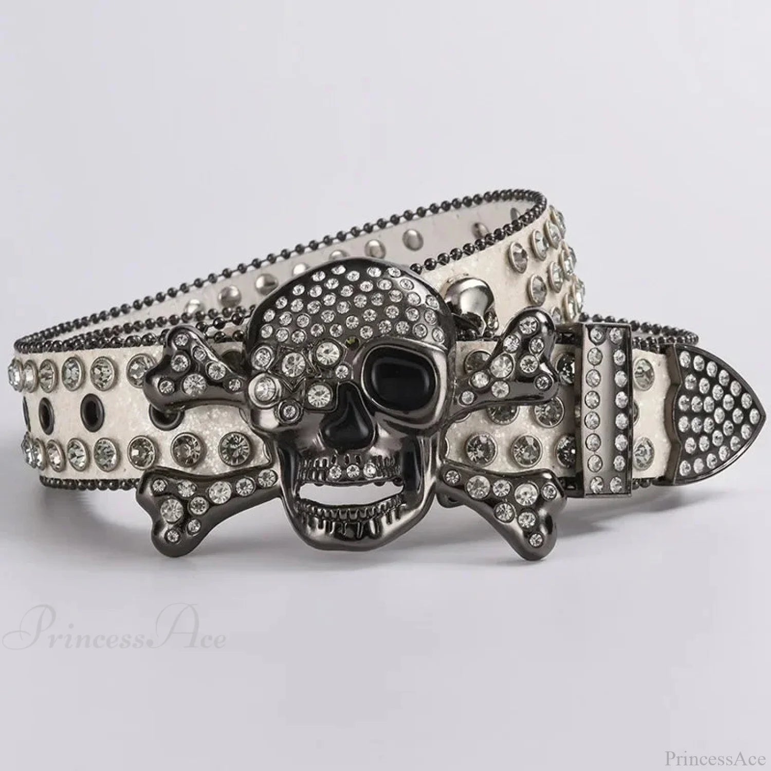 Rebellious Dark Skull Diamond Rhinestone Belt White 2 / 105x4cm