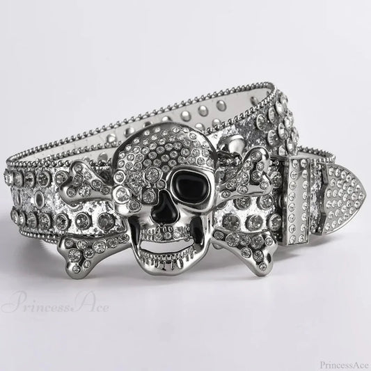 Rebellious Dark Skull Diamond Rhinestone Belt White 3 / 105x4cm