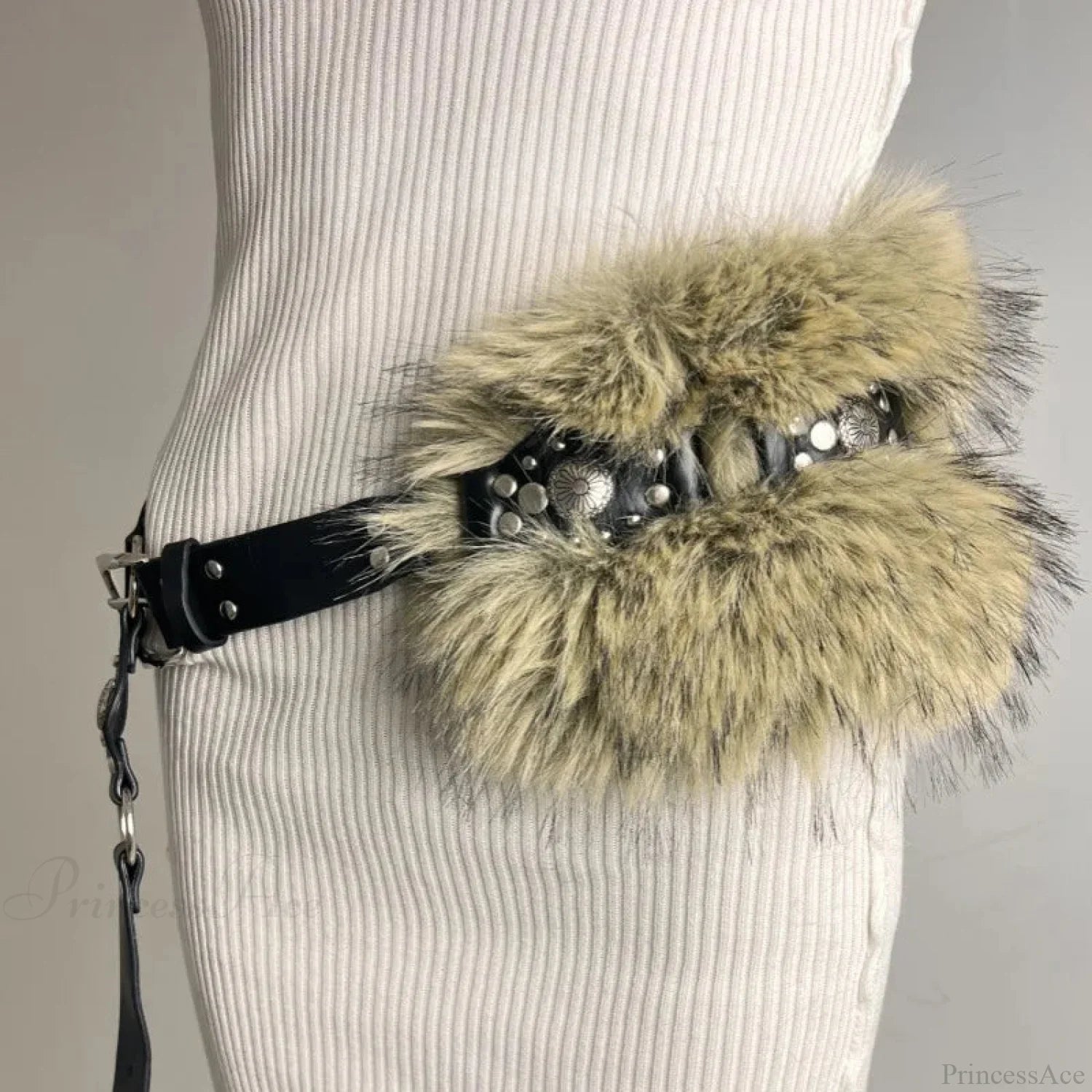 Rebellious Dark Studded Furry Millennium Rhinestone Belt black brown / 110cm