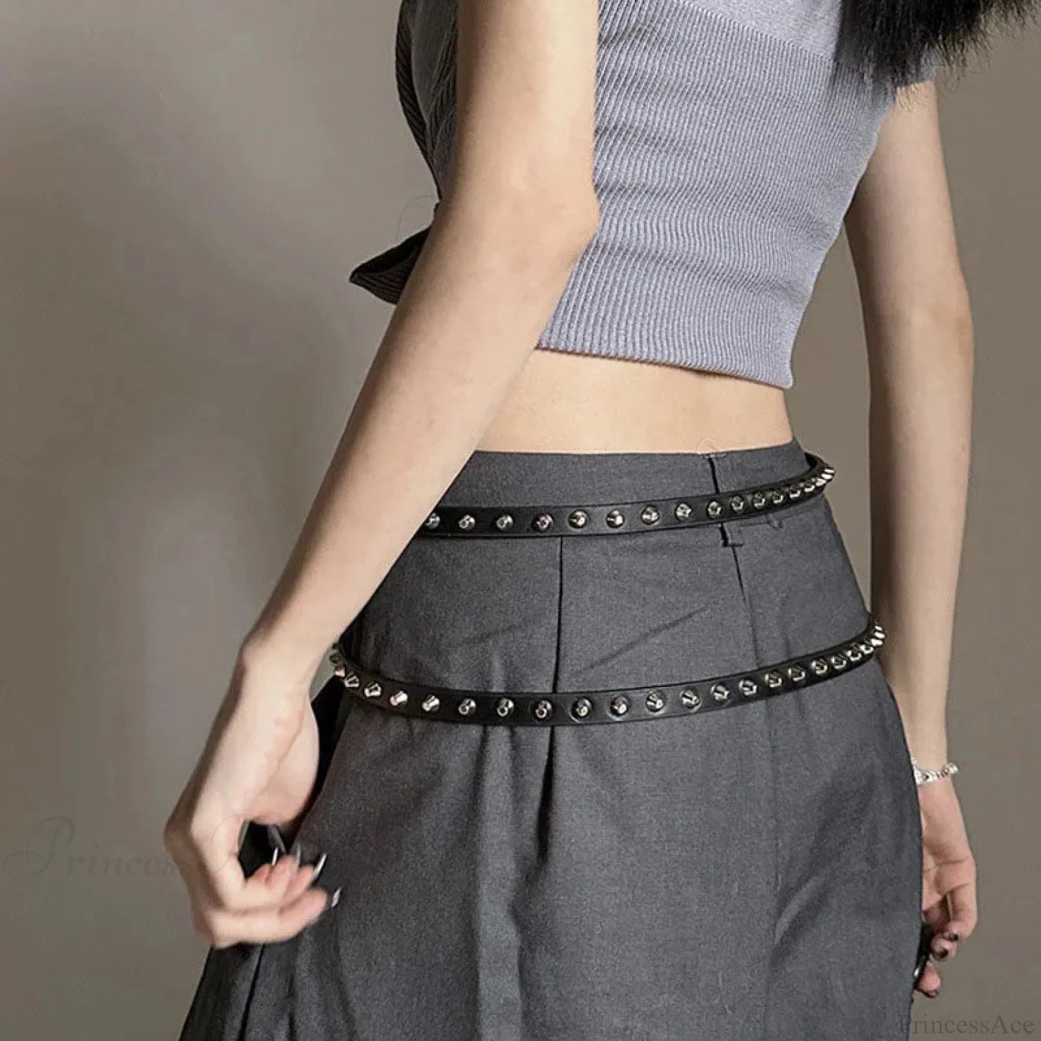 Rebellious Dark Western Double Loop Rivet Belt BLack / 170cm