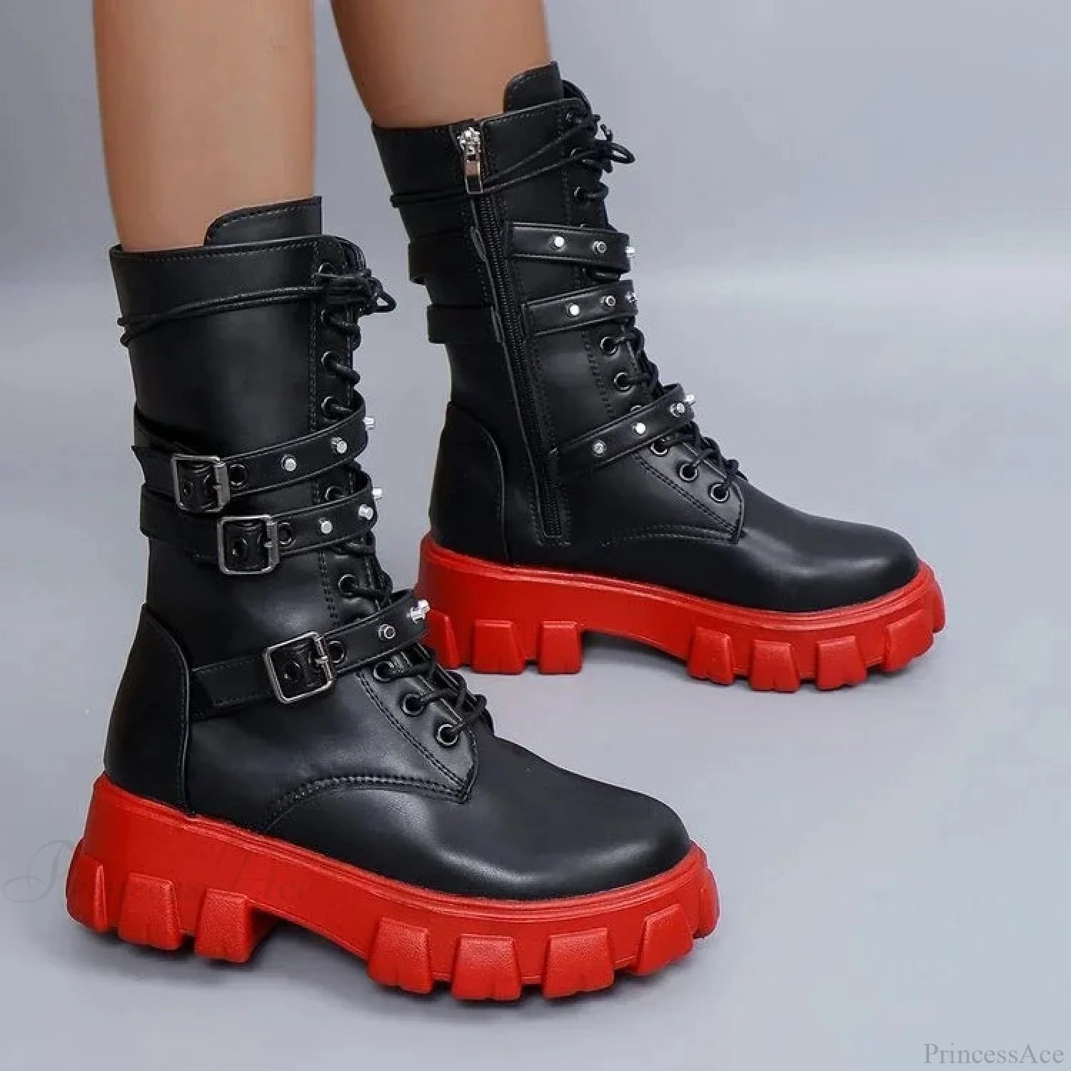 Rebellious Fastener Motorbike Mid-Calf Dark Boot Black Red / 35