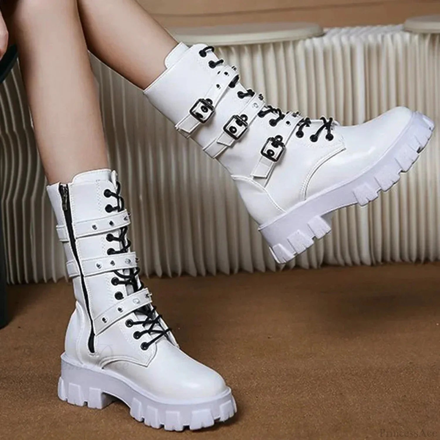 Rebellious Fastener Motorbike Mid-Calf Dark Boot White / 35