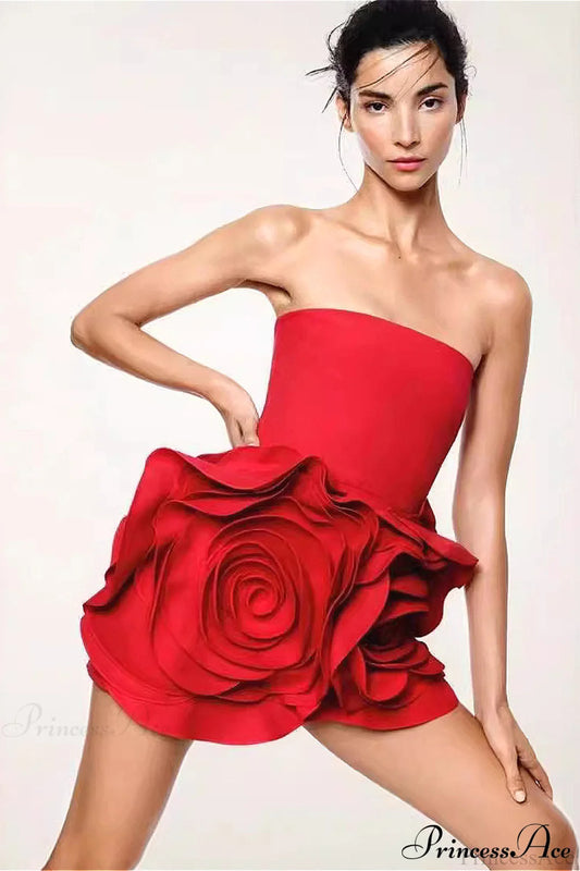 Red Bandage Large Floral Bustier Tight Party Dress Red / XS