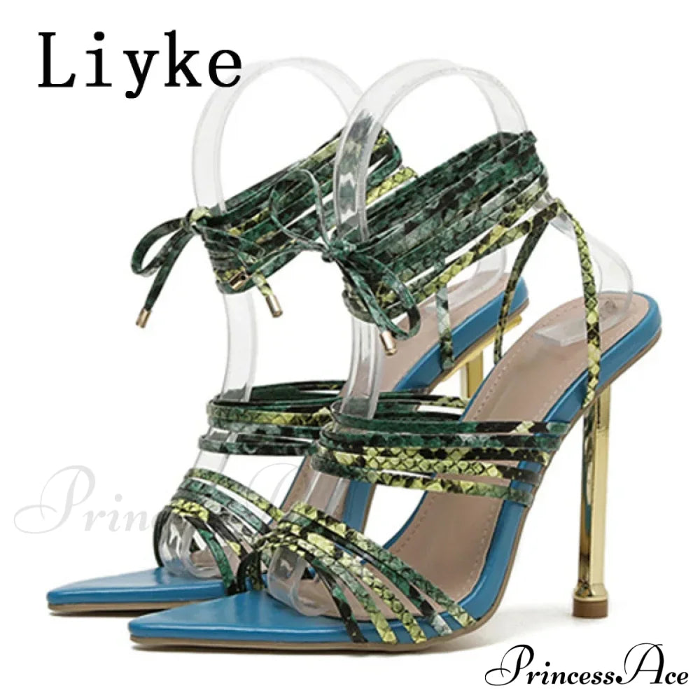 Red Blue Thin High Heels Sandals Size 35-42 Pointed Toe Snake Print Lace Up Shoes Female Pumps