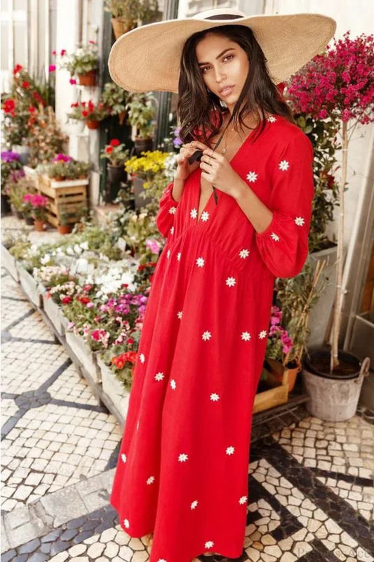 Red Cotton Maxi Dress bohodress-250126