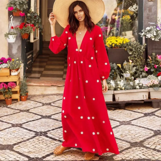 Red Cotton Maxi Dress Red / S bohodress-250126