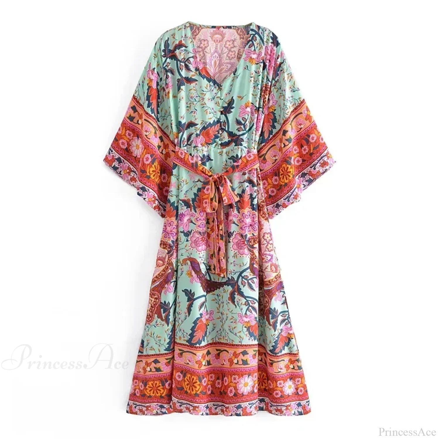 Red Floral Bat Sleeve V-neck Kimono Cover-up Boho Dress Green / S bohodress-250126