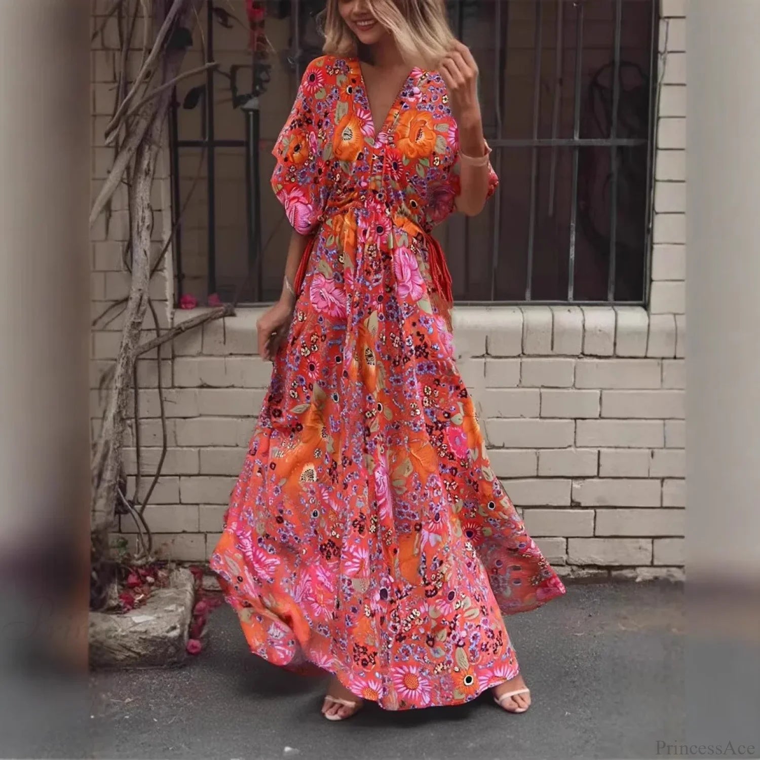 Red Floral Batwing Sleeve Rayon Cotton Maxi Boho Dress Red / S bohodress-250126