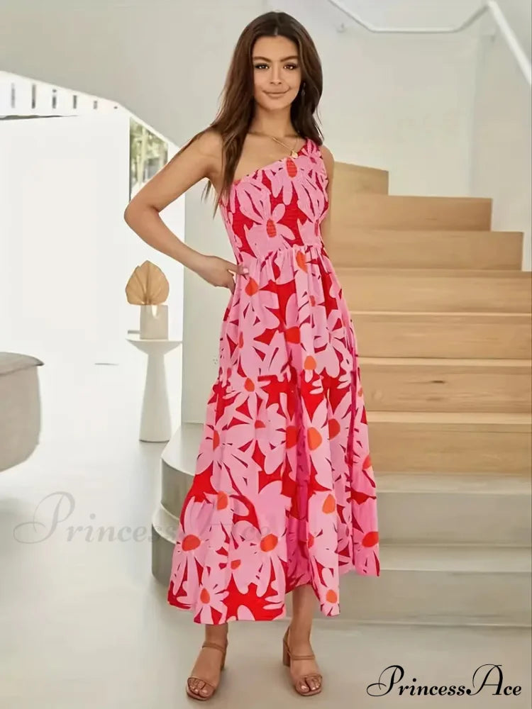 Red Floral One Shoulder Maxi Dress M / Red One Shoulder Maxi Dress