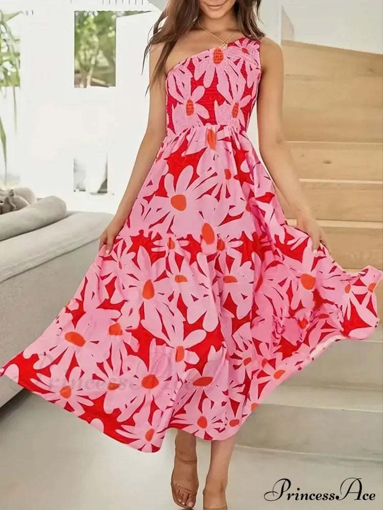 Red Floral One Shoulder Maxi Dress S / Green Red One Shoulder Maxi Dress