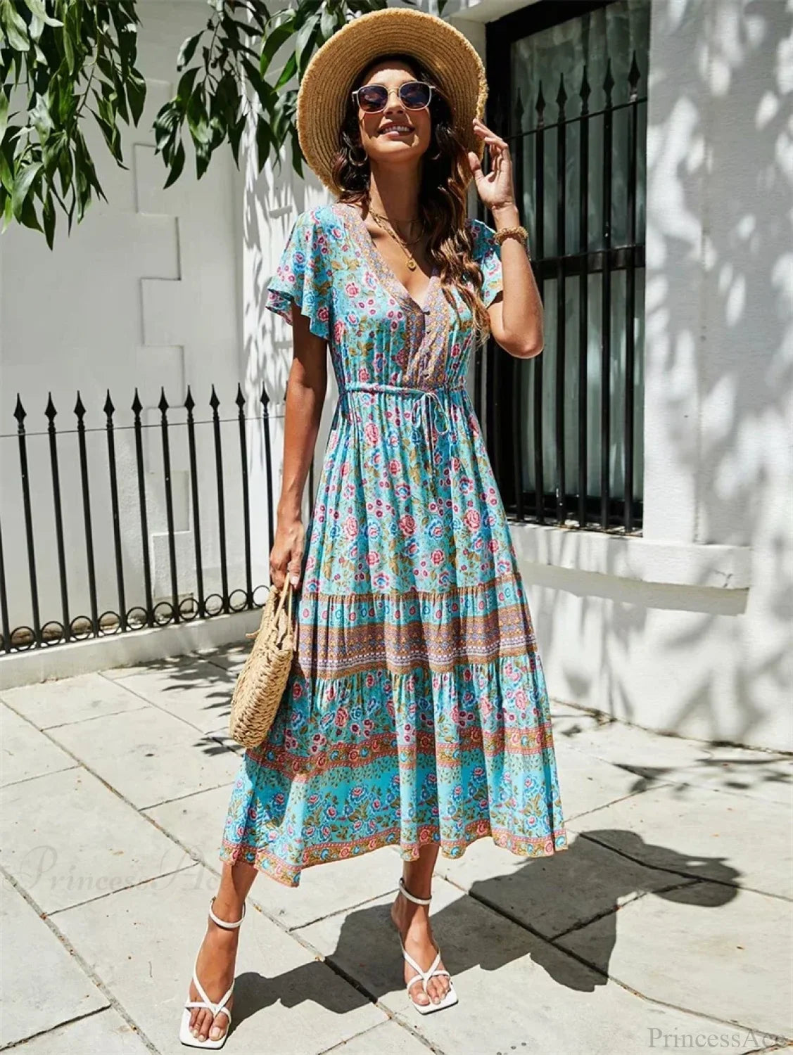 Red Floral Print Bat Sleeve Tassel V-neck Summer Boho Dress light blue / S bohodress-250126