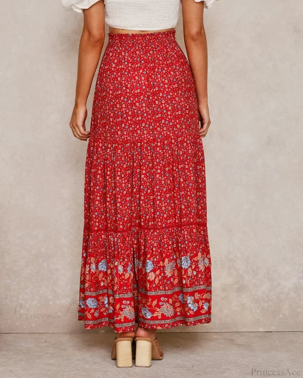 Red Floral Print Beach Bohemian High Waist Rayon Skirt skirt-250126