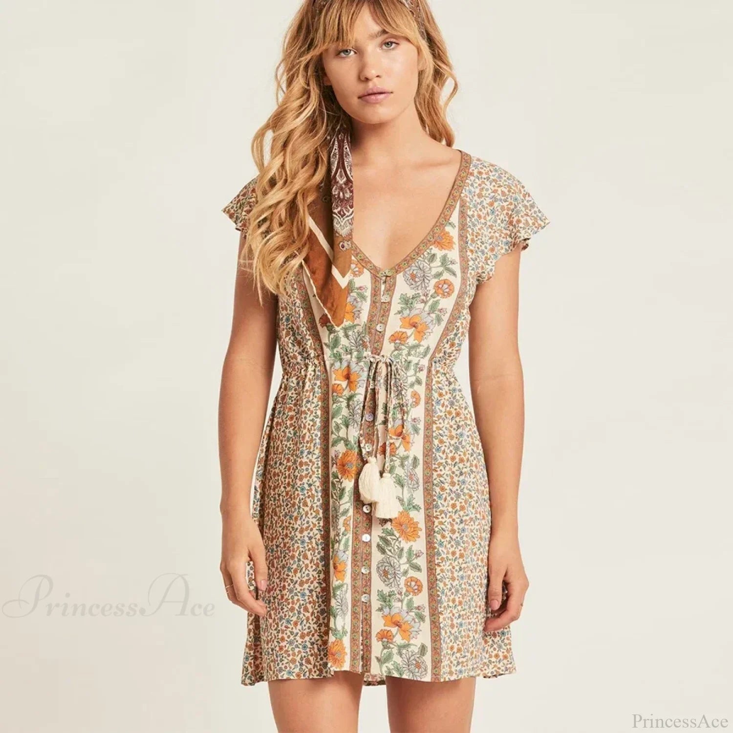 Red Floral Print Boho Mini Dress bohodress-250126