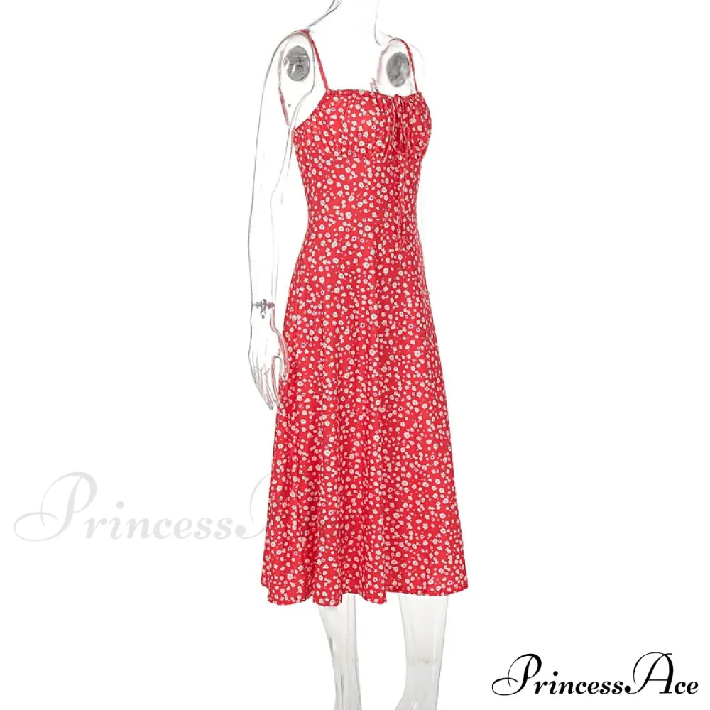 Red Floral Print Charming Strap Split Midi Dress Printed Midi