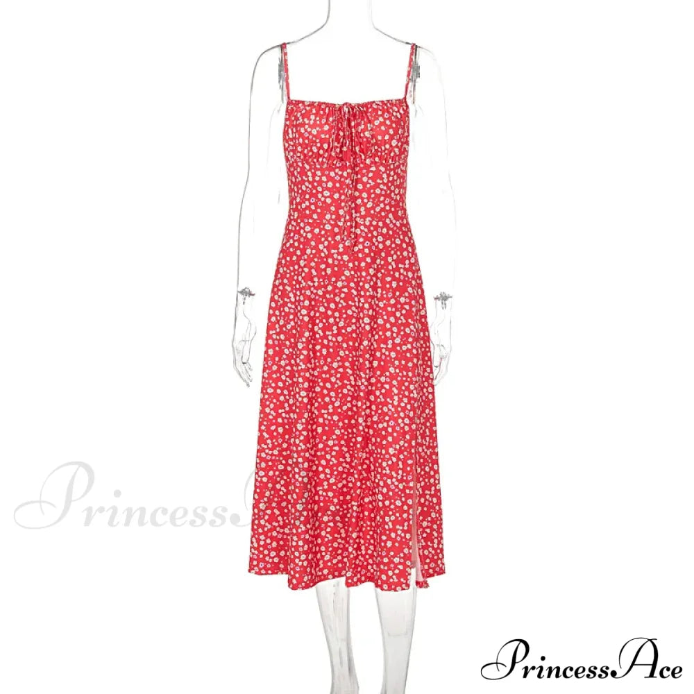 Red Floral Print Charming Strap Split Midi Dress Printed Midi