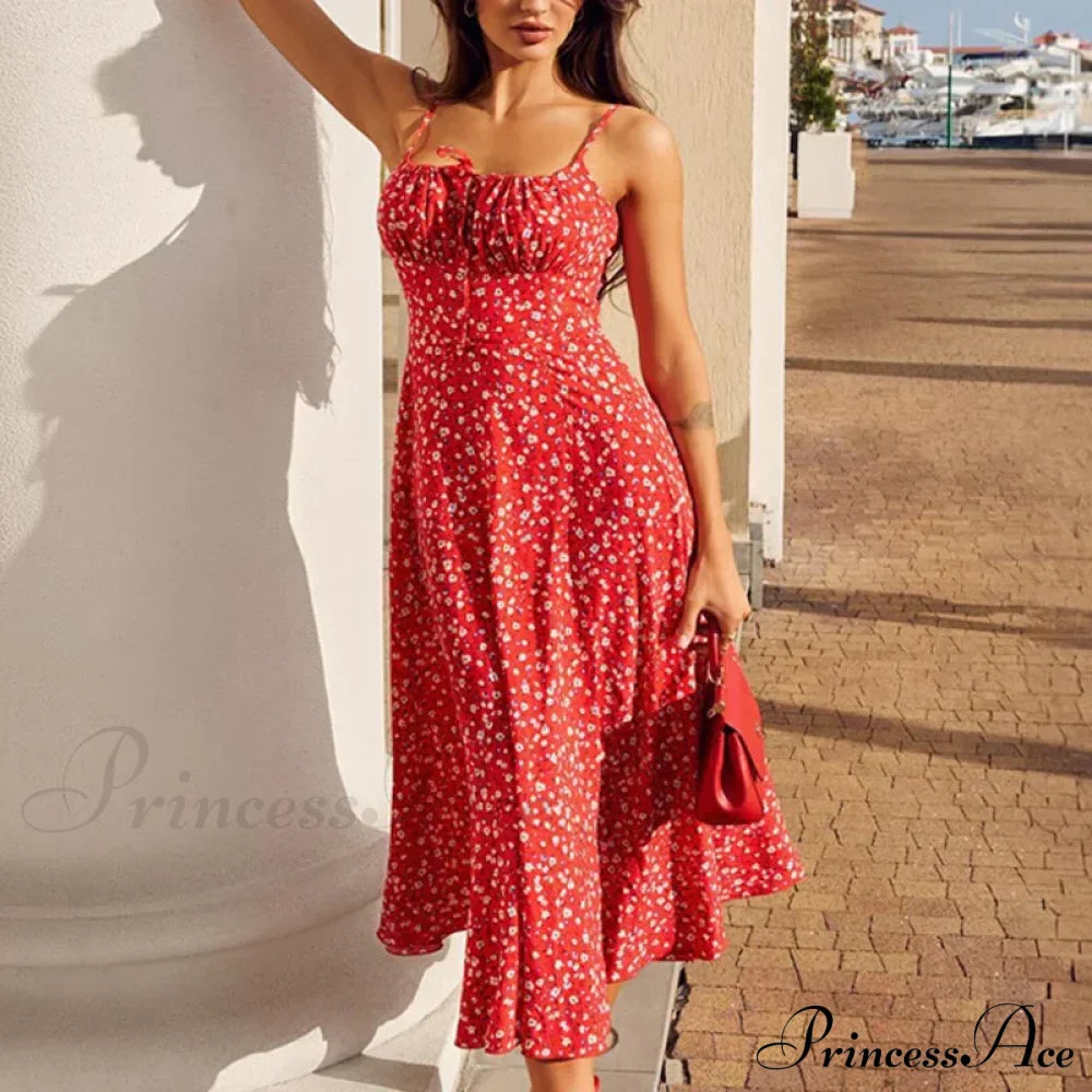 Red Floral Print Charming Strap Split Midi Dress Printed Midi