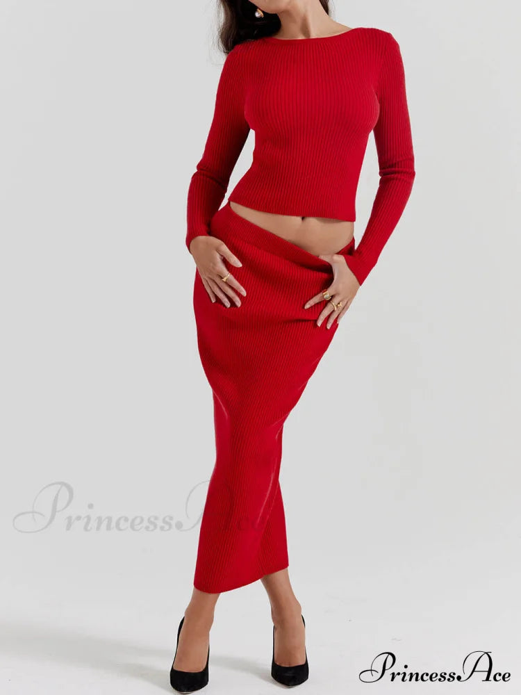 Red Knit-Blend Stylish Maxi Skirt Dresses