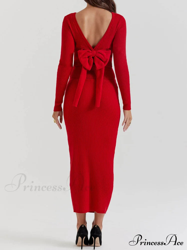 Red Knit-Blend Stylish Maxi Skirt Dresses