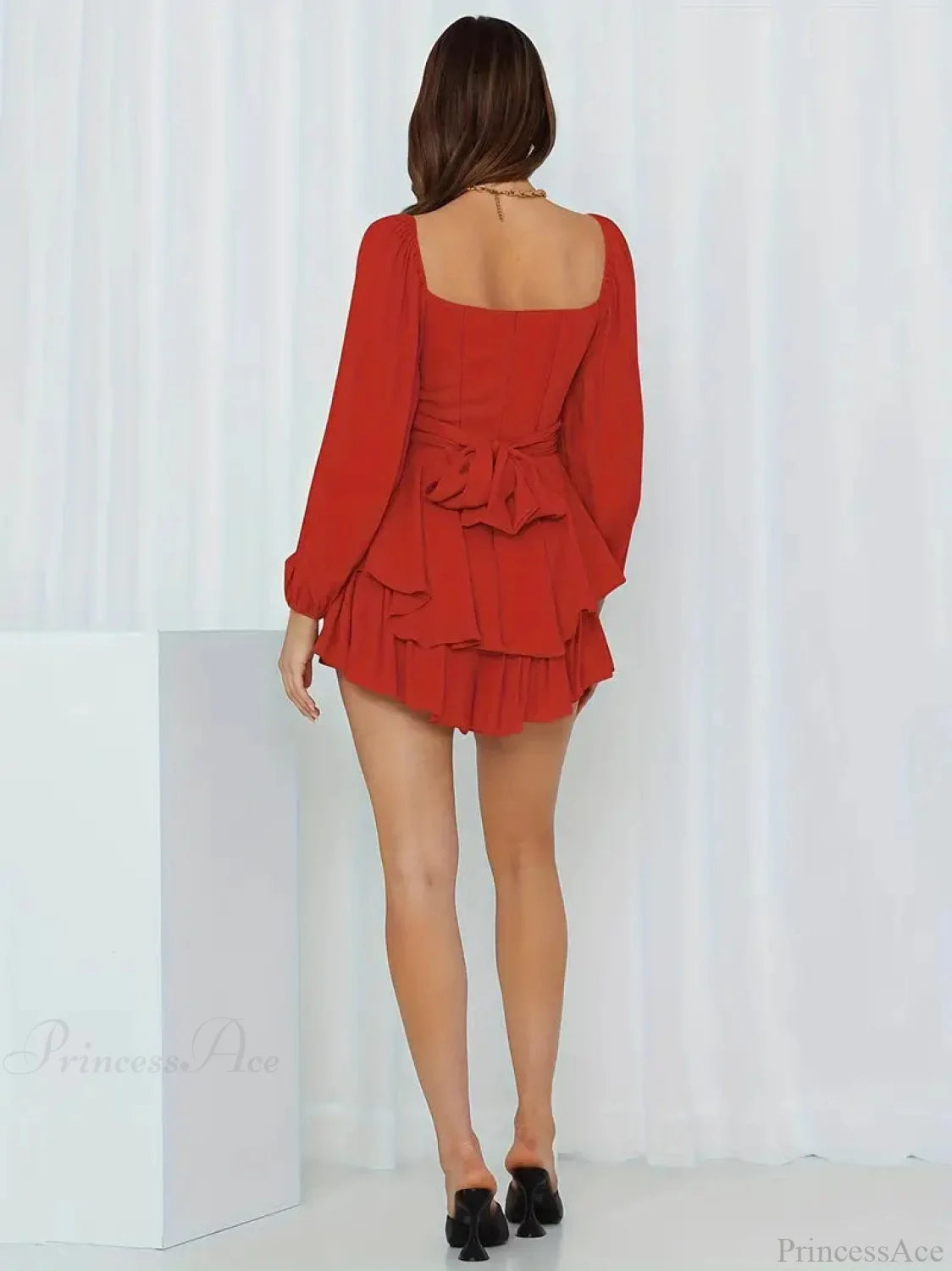 Red Long Sleeve Layered Dress With Tie Back And Ruffle Trim S / Burgundy Red Long Sleeve Party Dress