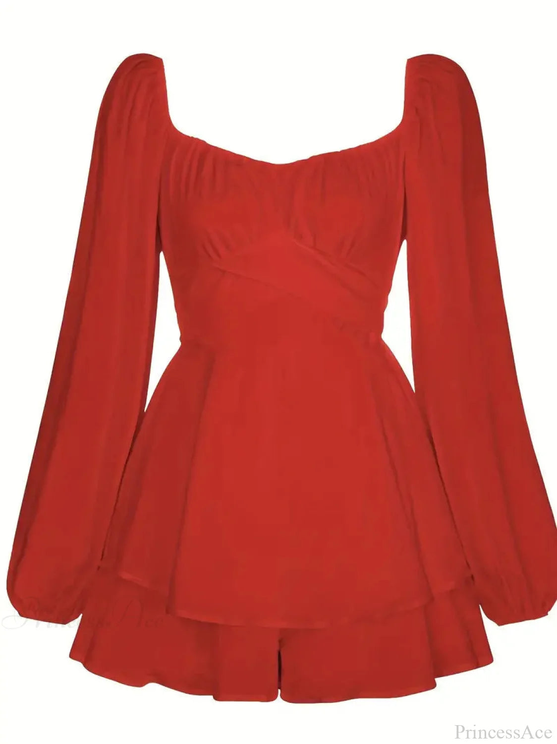 Red Long Sleeve Layered Dress With Tie Back And Ruffle Trim S / White Red Long Sleeve Party Dress