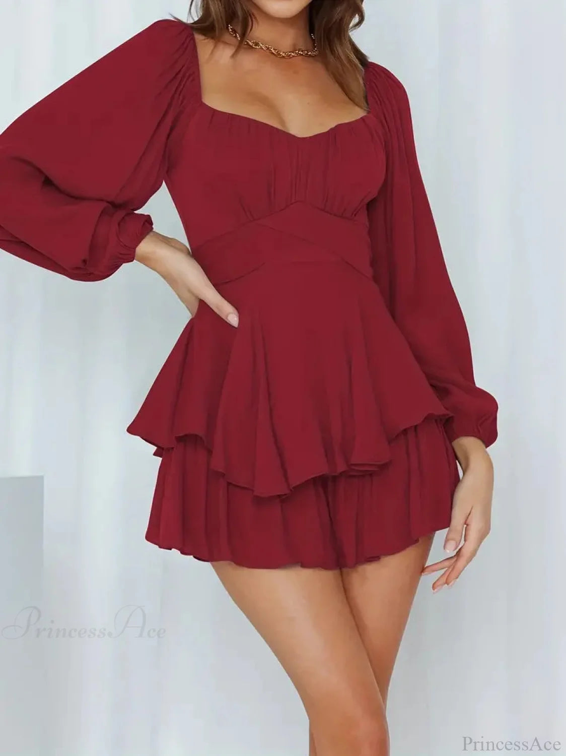 Red Long Sleeve Layered Dress With Tie Back And Ruffle Trim Xs / Blue Red Long Sleeve Party Dress