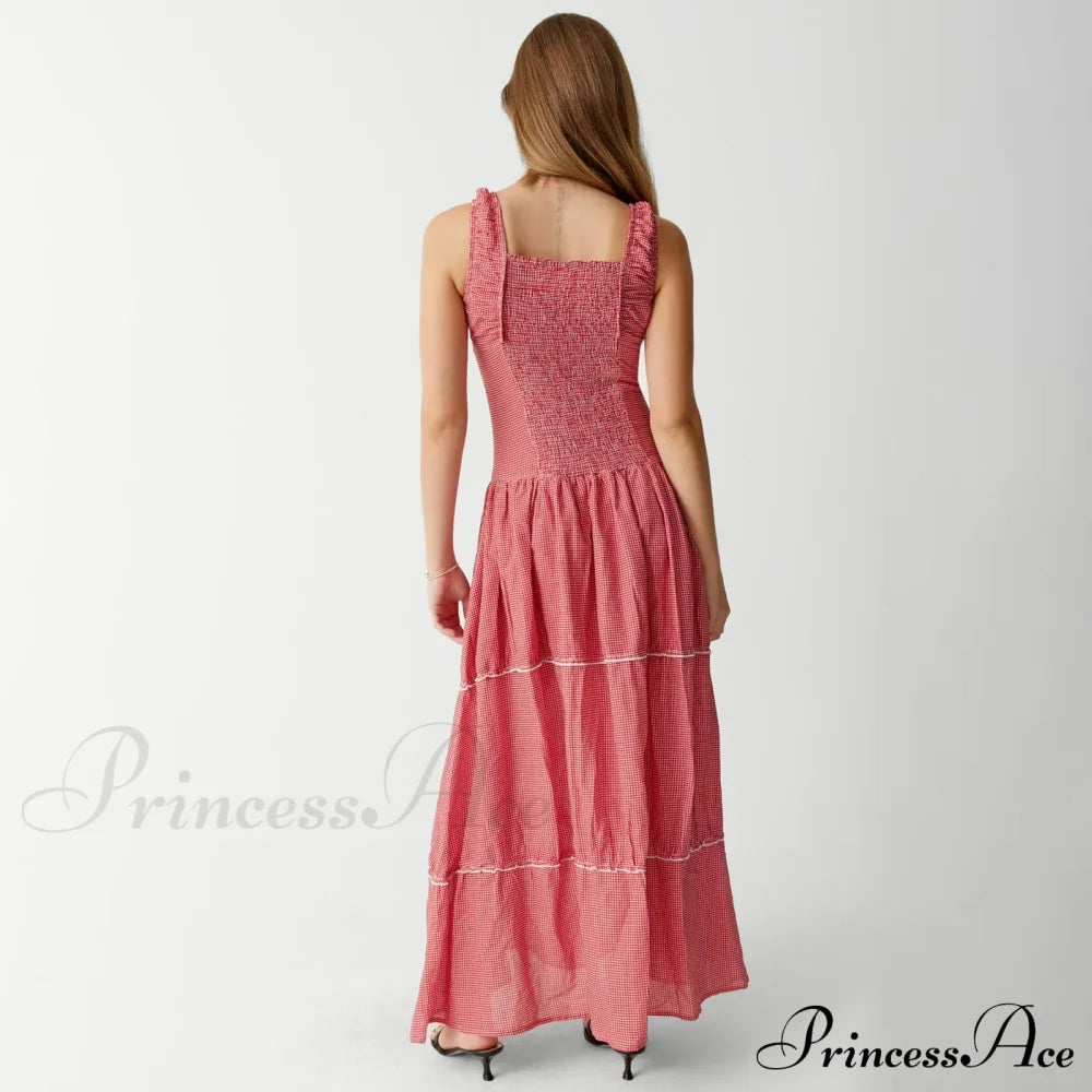 Red Plaid Stylish Maxi Dress