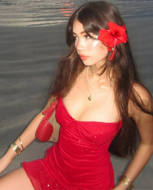 Red Ruffle Sling Mini Dress minidress-250223