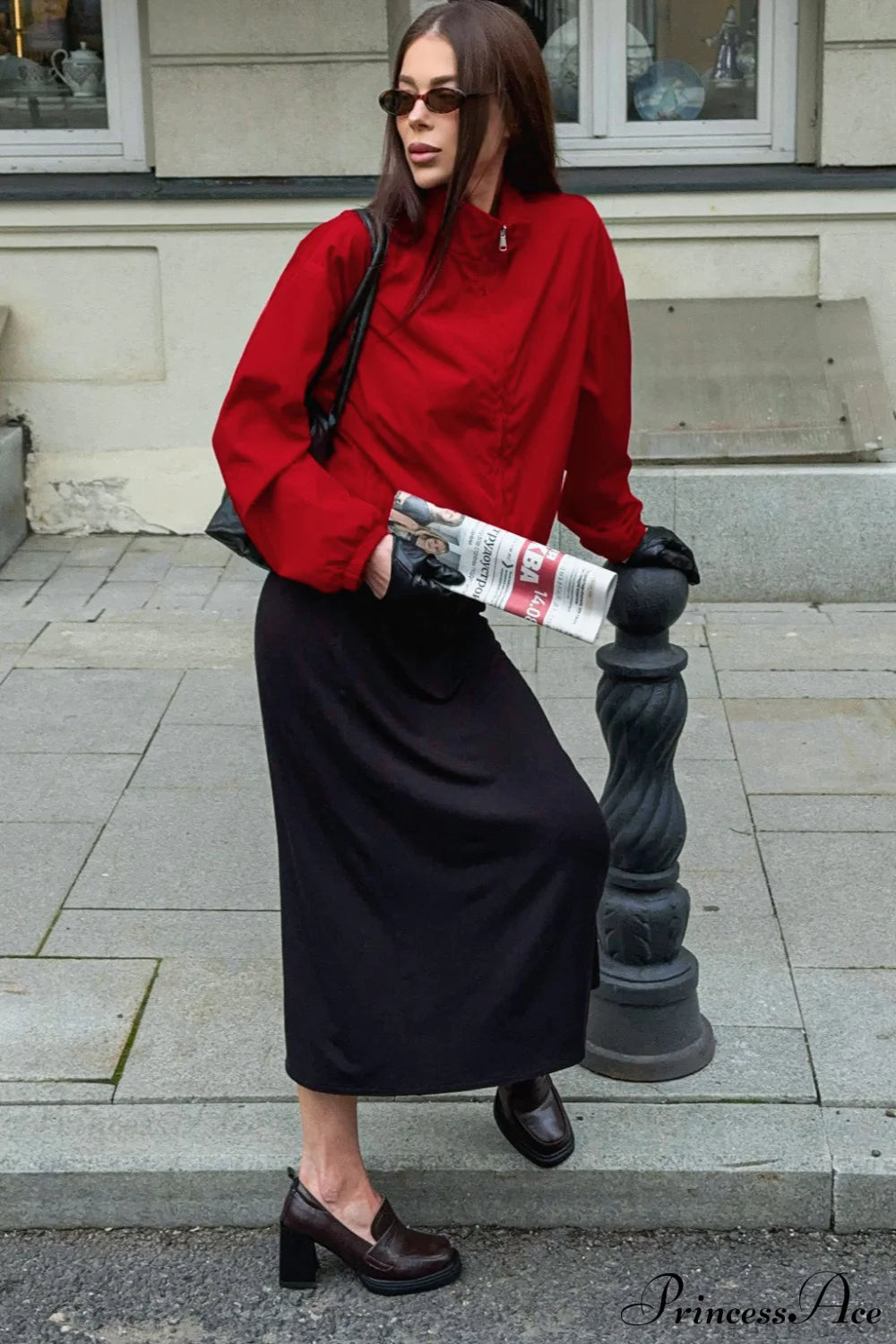 Red Stand Collar Zip Windproof Coat