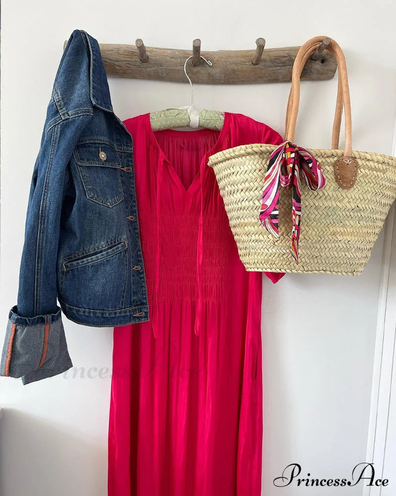Red V-Neck Dress With Pleats Casual Dresses