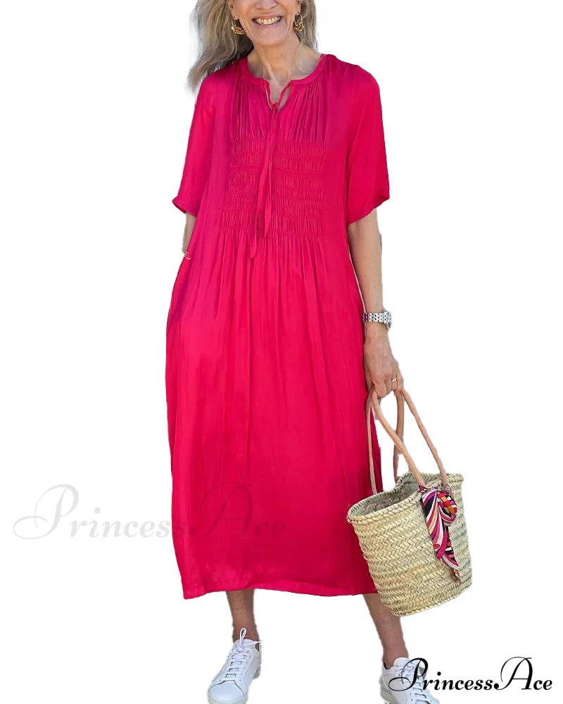 Red V-Neck Dress With Pleats Casual Dresses