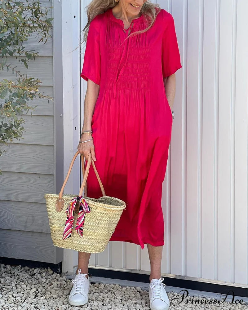Red V-Neck Dress With Pleats Casual Dresses