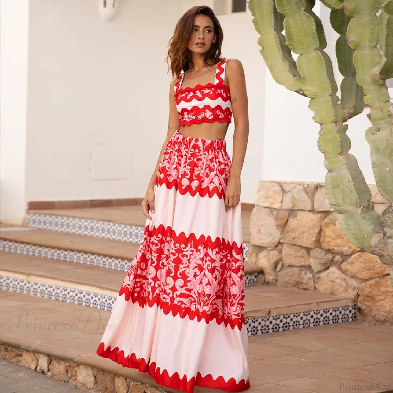 Red Wavy Stripes Skirt Two Piece Set