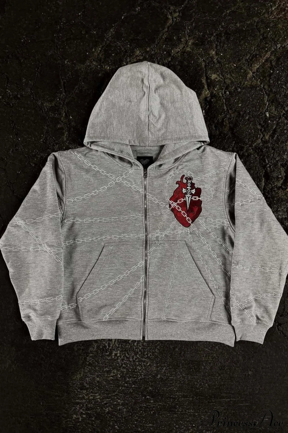 Relaxed Fit Chain Heart 3D Embroidery Print Hoodie Grey / S