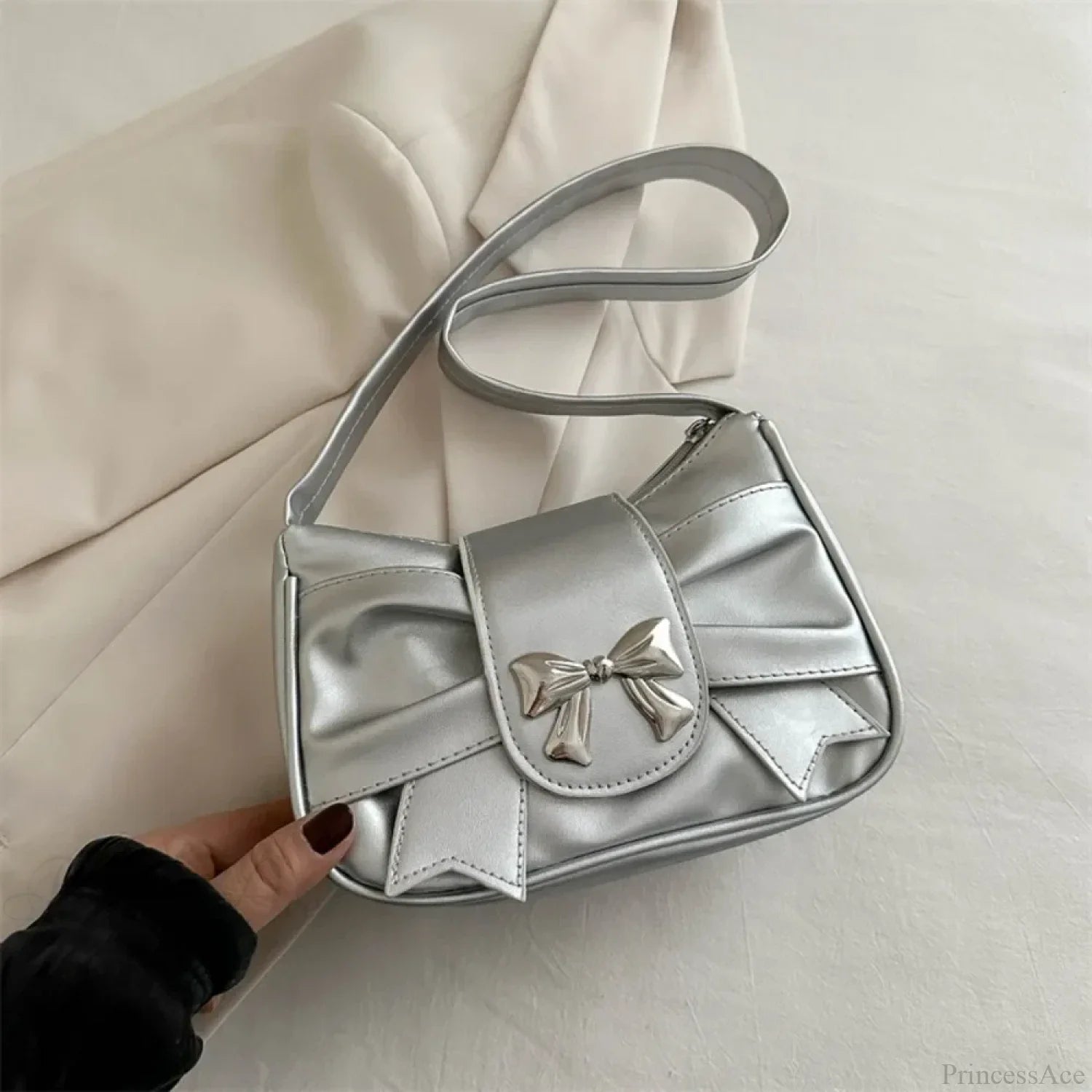 Retro Bow PU Leather Business Shoulder Handbag Silver shoulder-250126