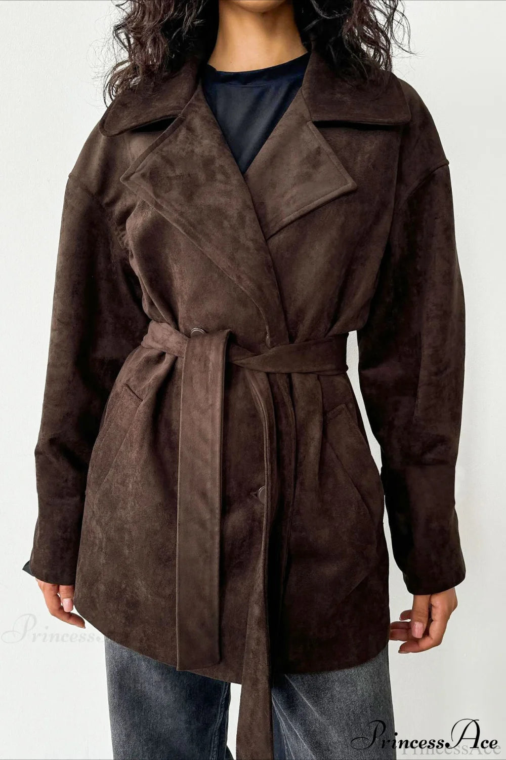 Retro Brown Suede Jacket Tied Coat