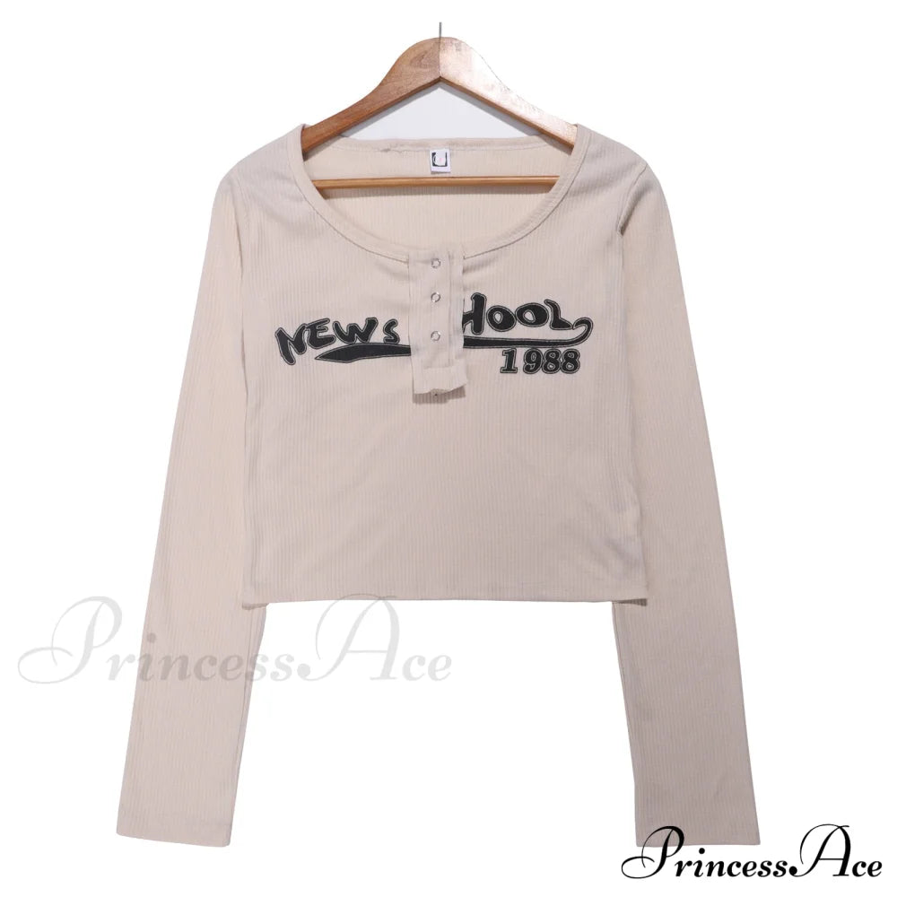 Retro Crop Fit Tee Slim Top Y2K Long O-Neck Graffiti Design Women Arm Streetwear