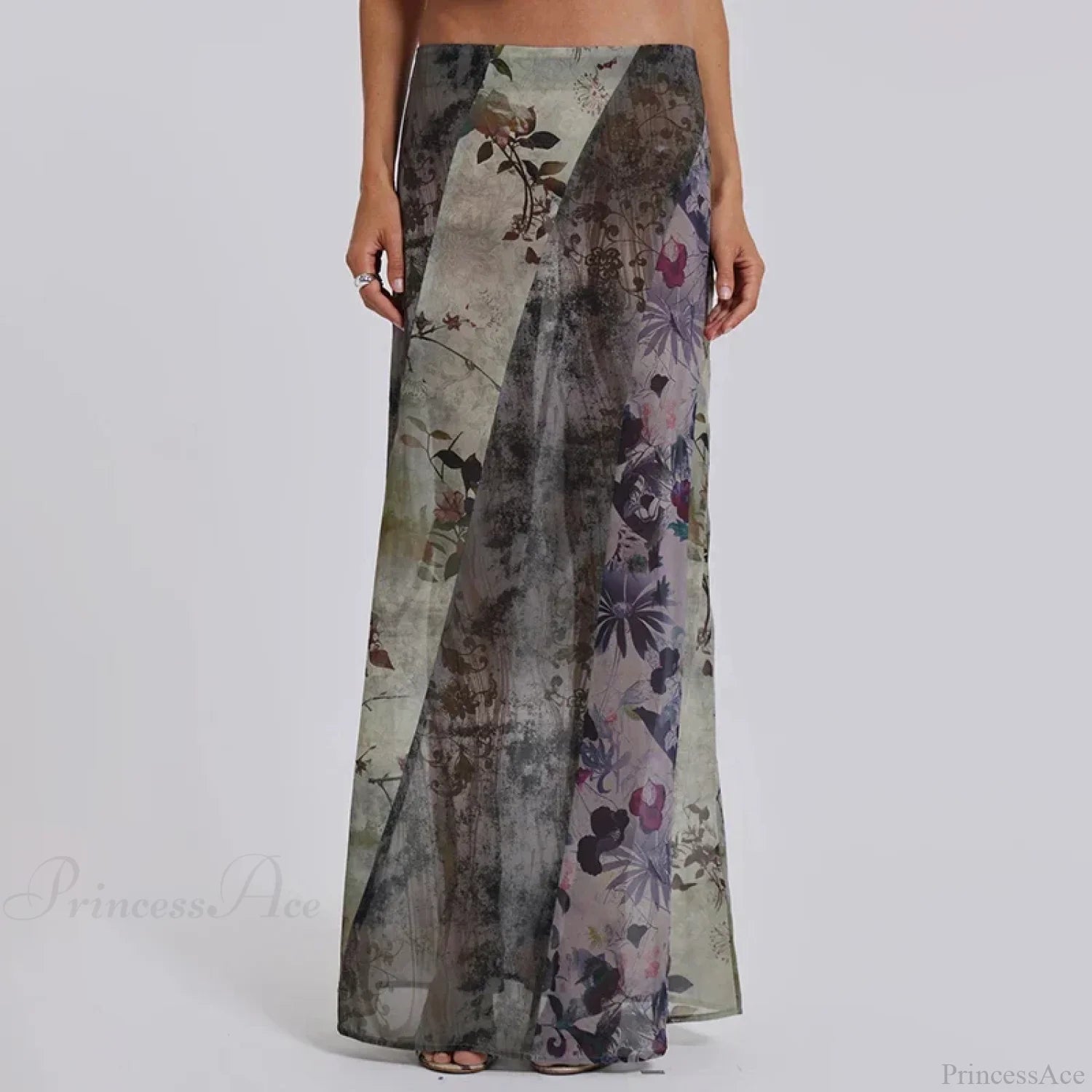 Retro Floral Print Long Patchwork Mesh Low Rise Skirt skirt-250126