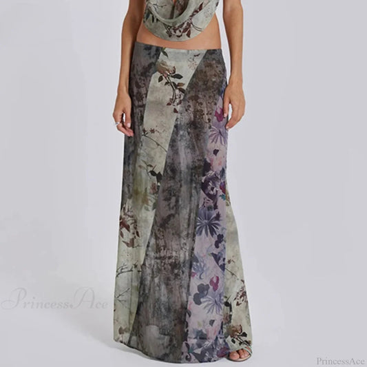 Retro Floral Print Long Patchwork Mesh Low Rise Skirt as picture / S skirt-250126