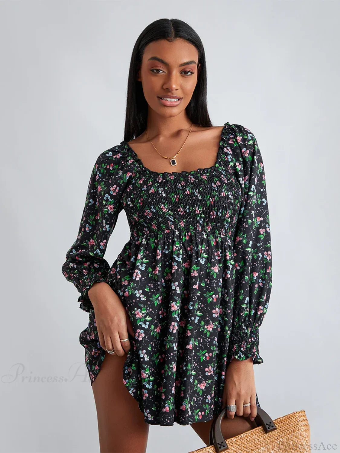 Retro Floral Print Ruffled Trim Square Neck A-Line Short Floral Dress floraldress-250126