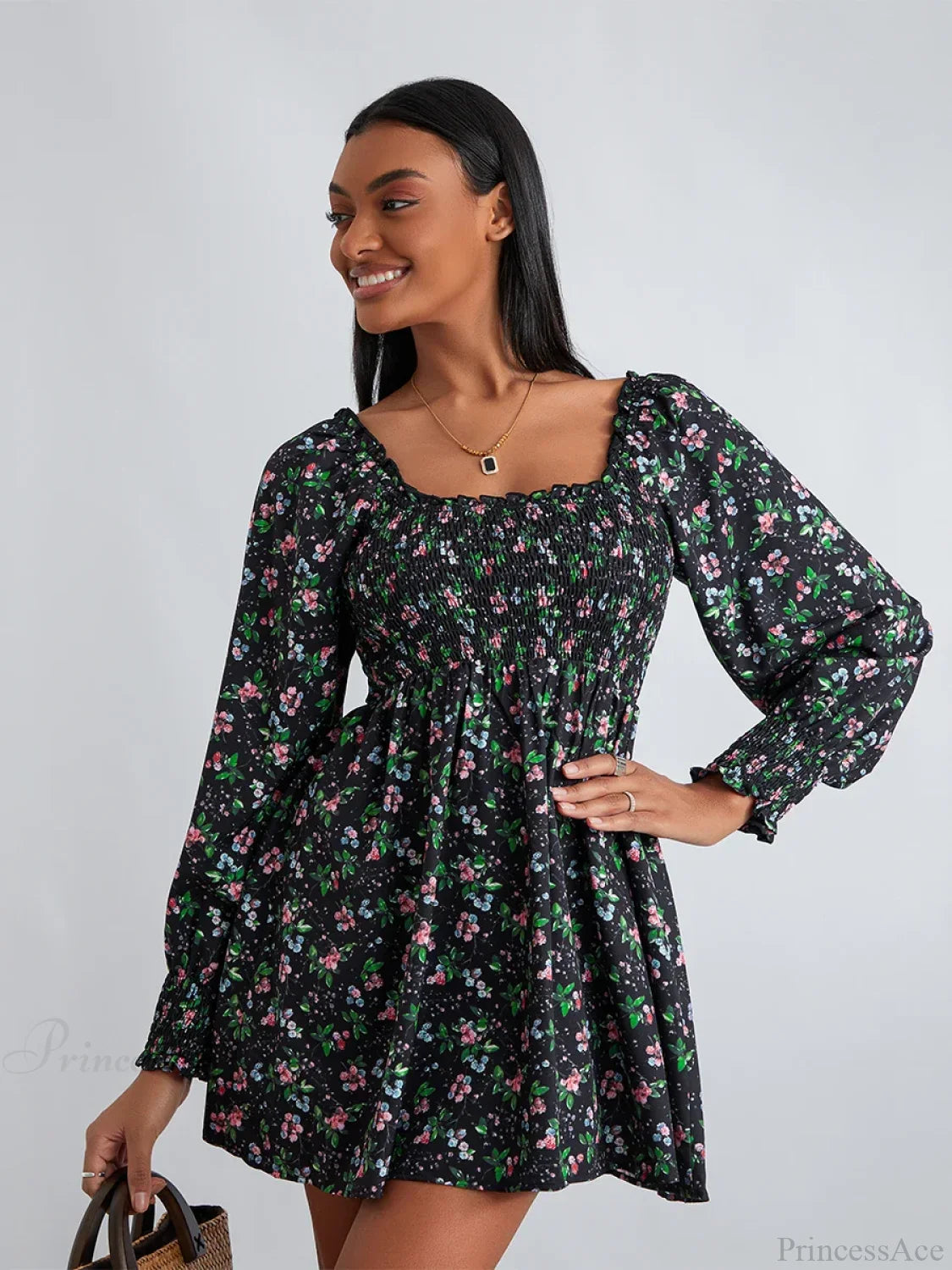 Retro Floral Print Ruffled Trim Square Neck A-Line Short Floral Dress floraldress-250126