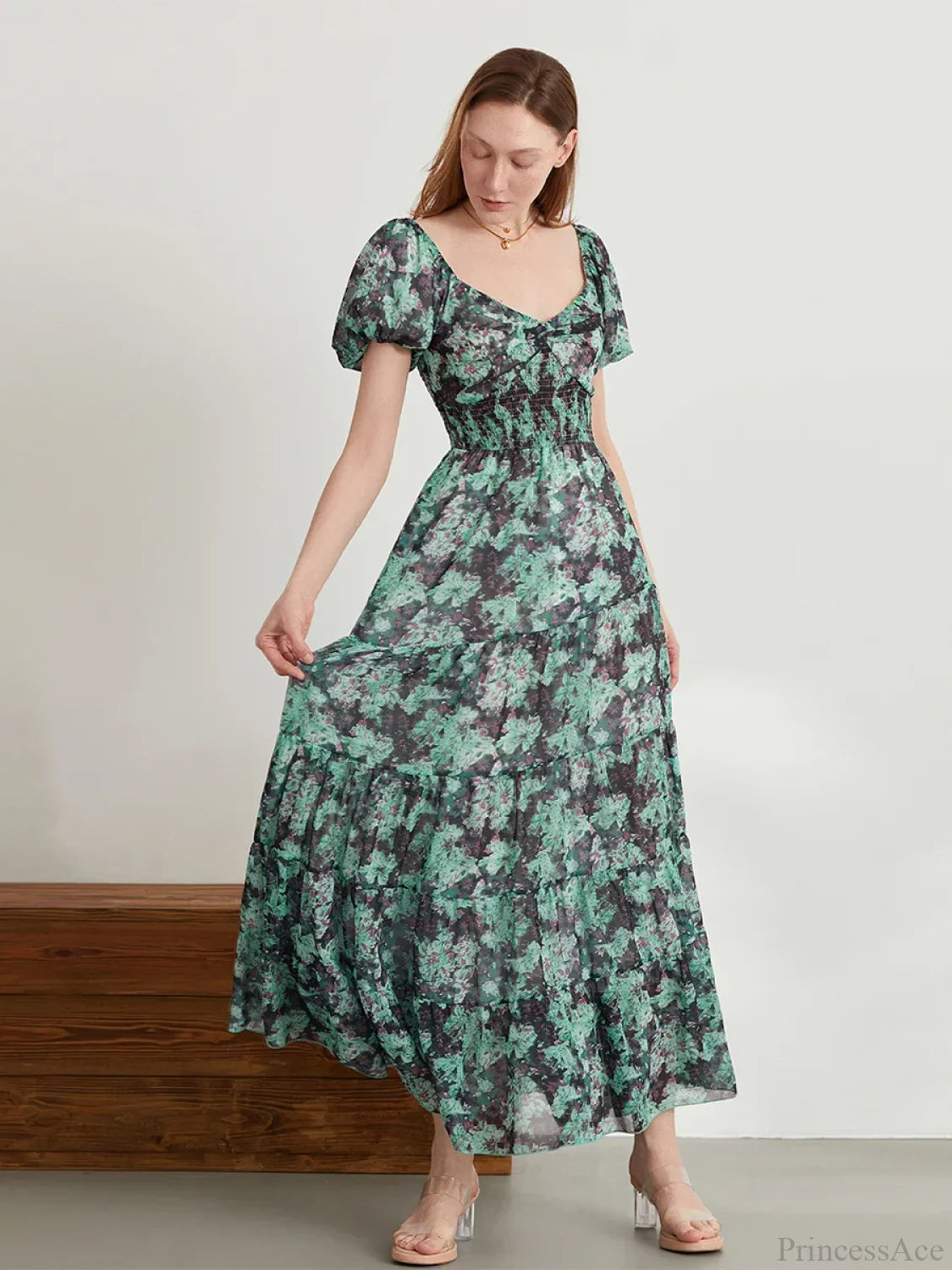 Retro Floral Print Swing Puff Short Sleeve Sweetheart Neck A-Line Beach Dress floraldress-250126