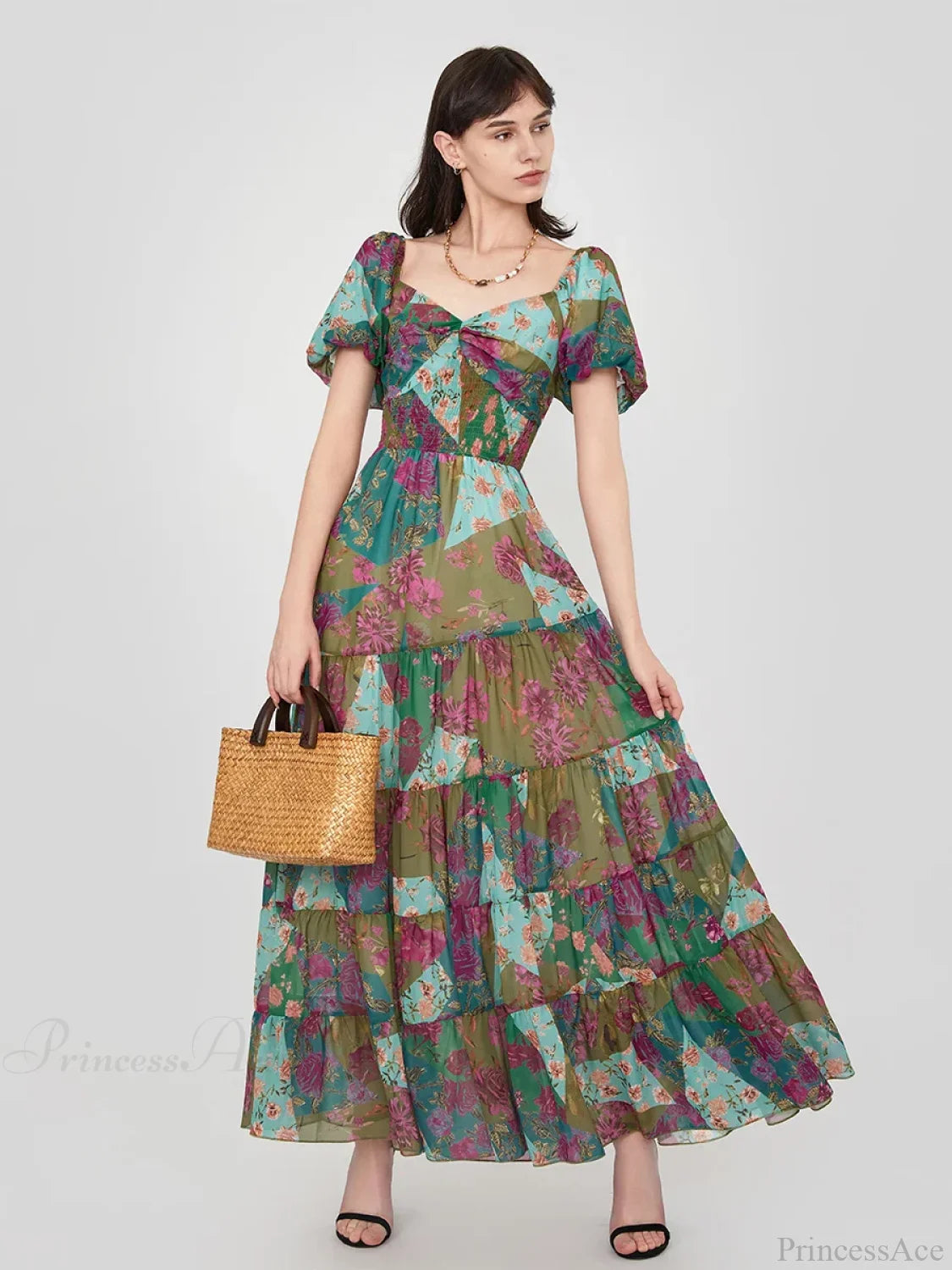 Retro Floral Print Swing Puff Short Sleeve Sweetheart Neck A-Line Beach Dress floraldress-250126