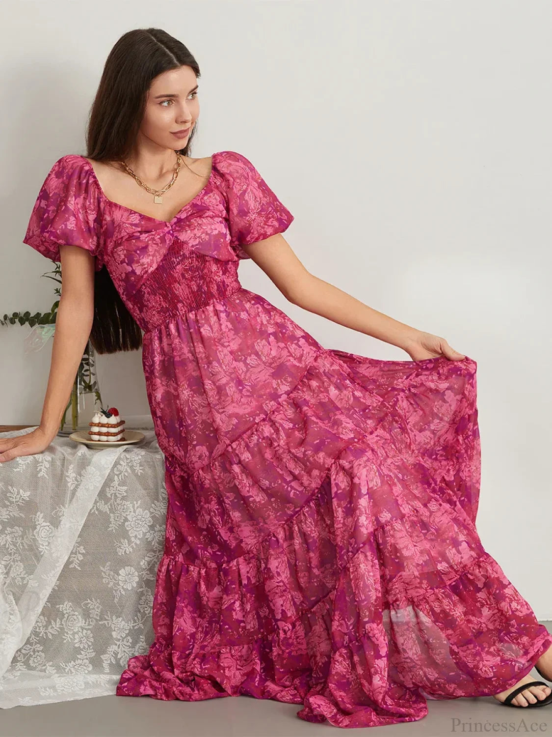 Retro Floral Print Swing Puff Short Sleeve Sweetheart Neck A-Line Beach Dress floraldress-250126