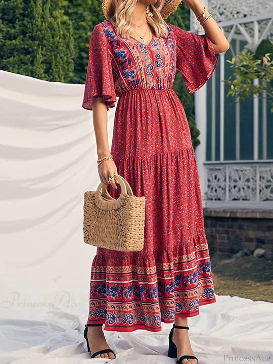 Retro Floral Print V-neck Boho Sundress Red / S bohodress-250126