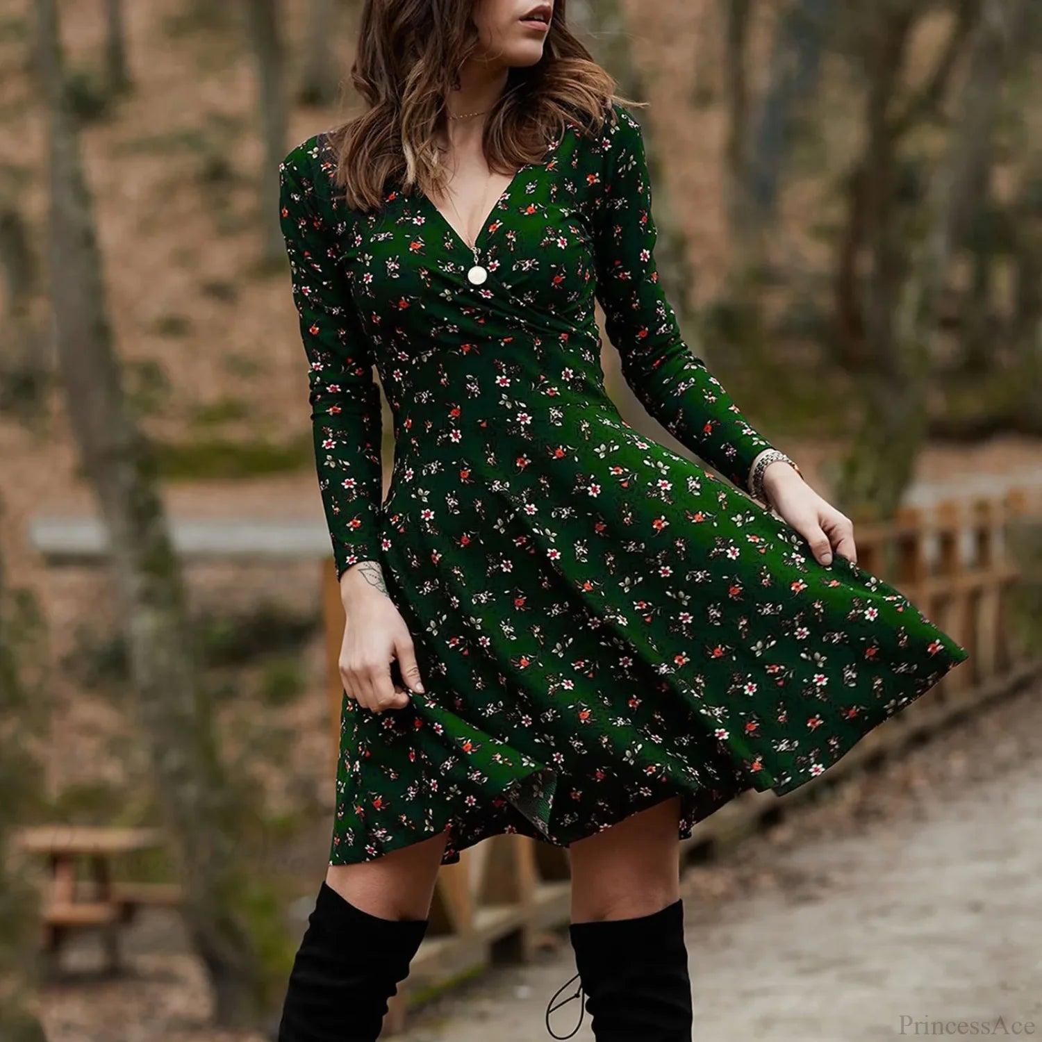 Retro Floral Swing Midi Floral Dress Green / S oldfloraldress-250126