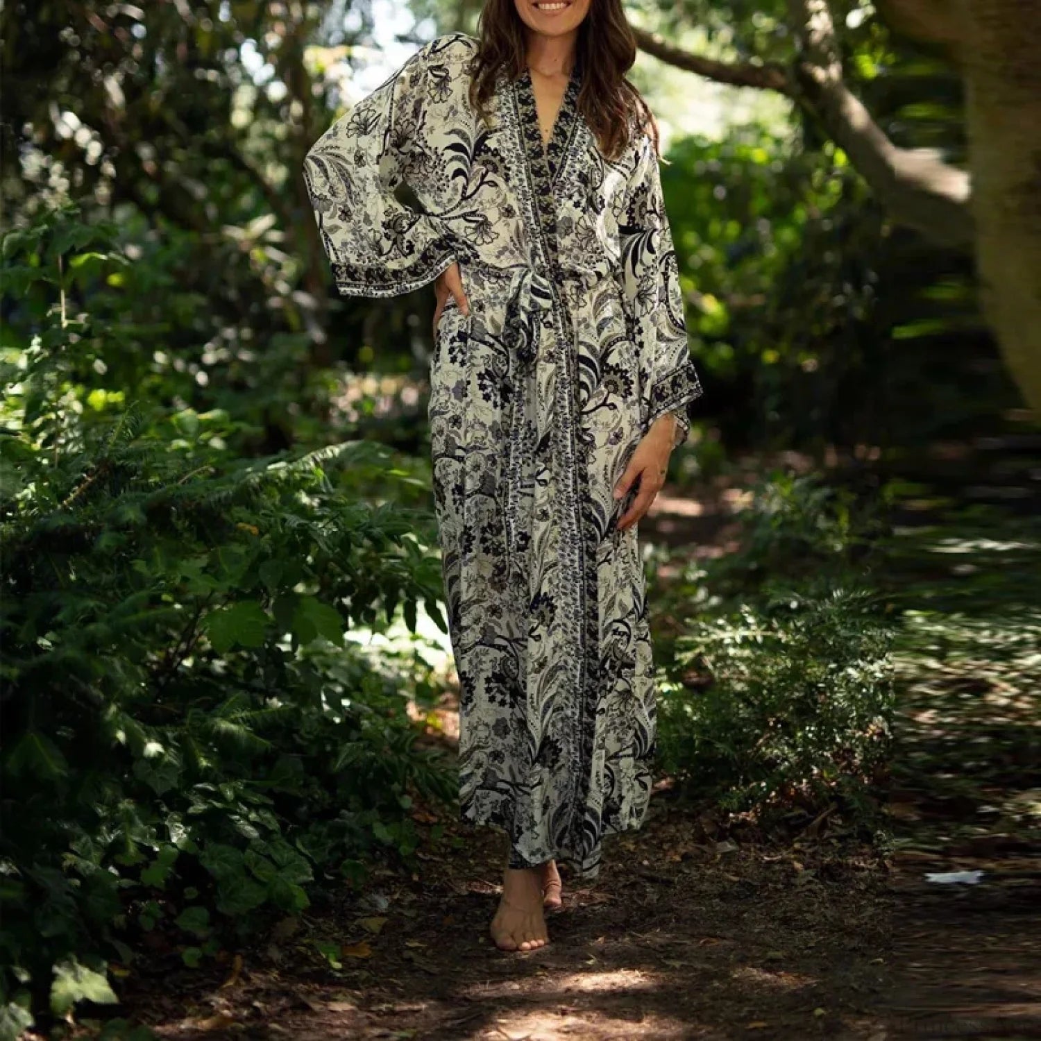 Retro Floral V-Neck Beach Cover Up 01 Leaves / One Size