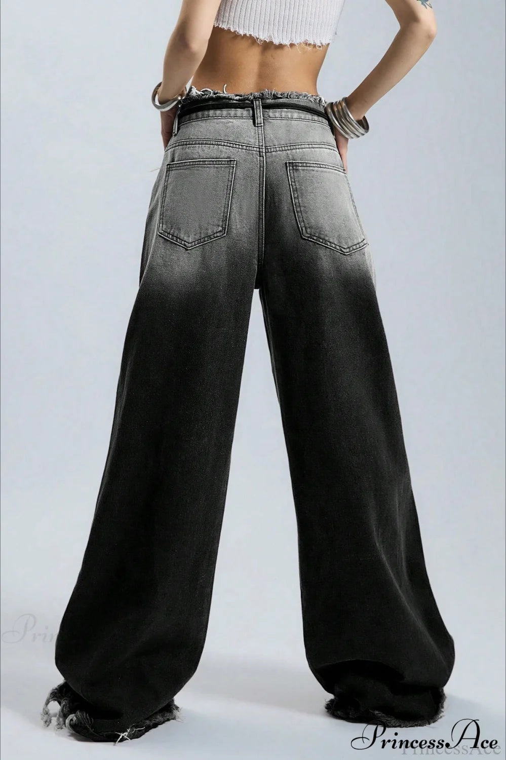 Retro Frayed Waist Ombre Straight Wide Leg Jeans
